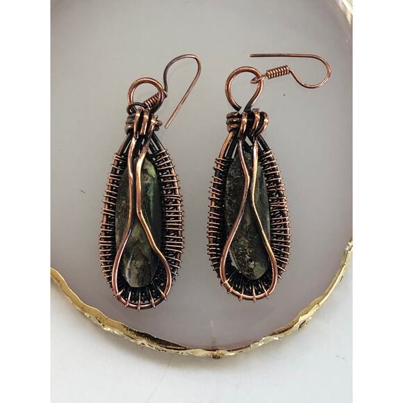 Copper Abalone Shell Copper Wire Wrap Dangle Earrings - Picture 4 of 4